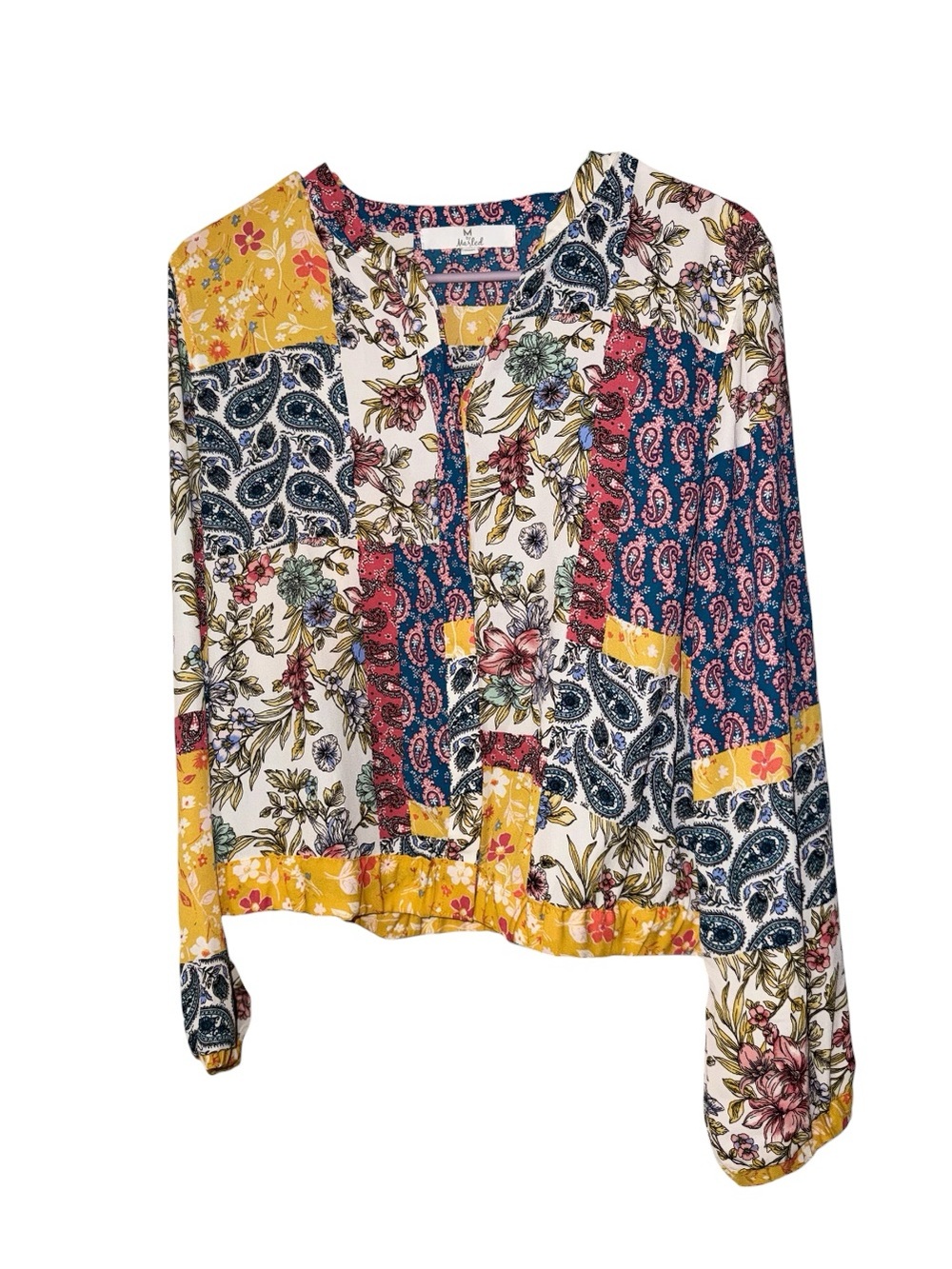 Patchwork Floral Long-Sleeve Blouse - Yellow/Navy/White